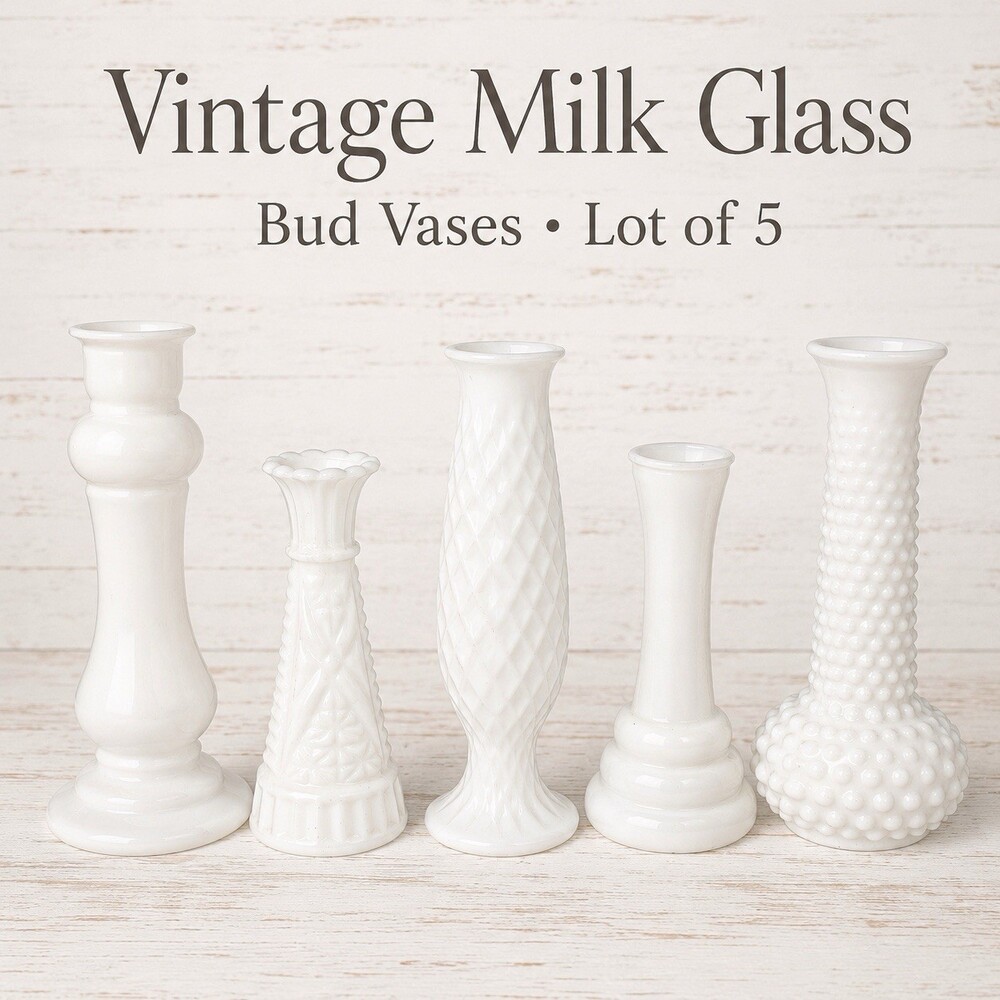 Vintage Milk Glass Bud Vases Lot of 5 Anchor Hocking Hobnail Diamond White